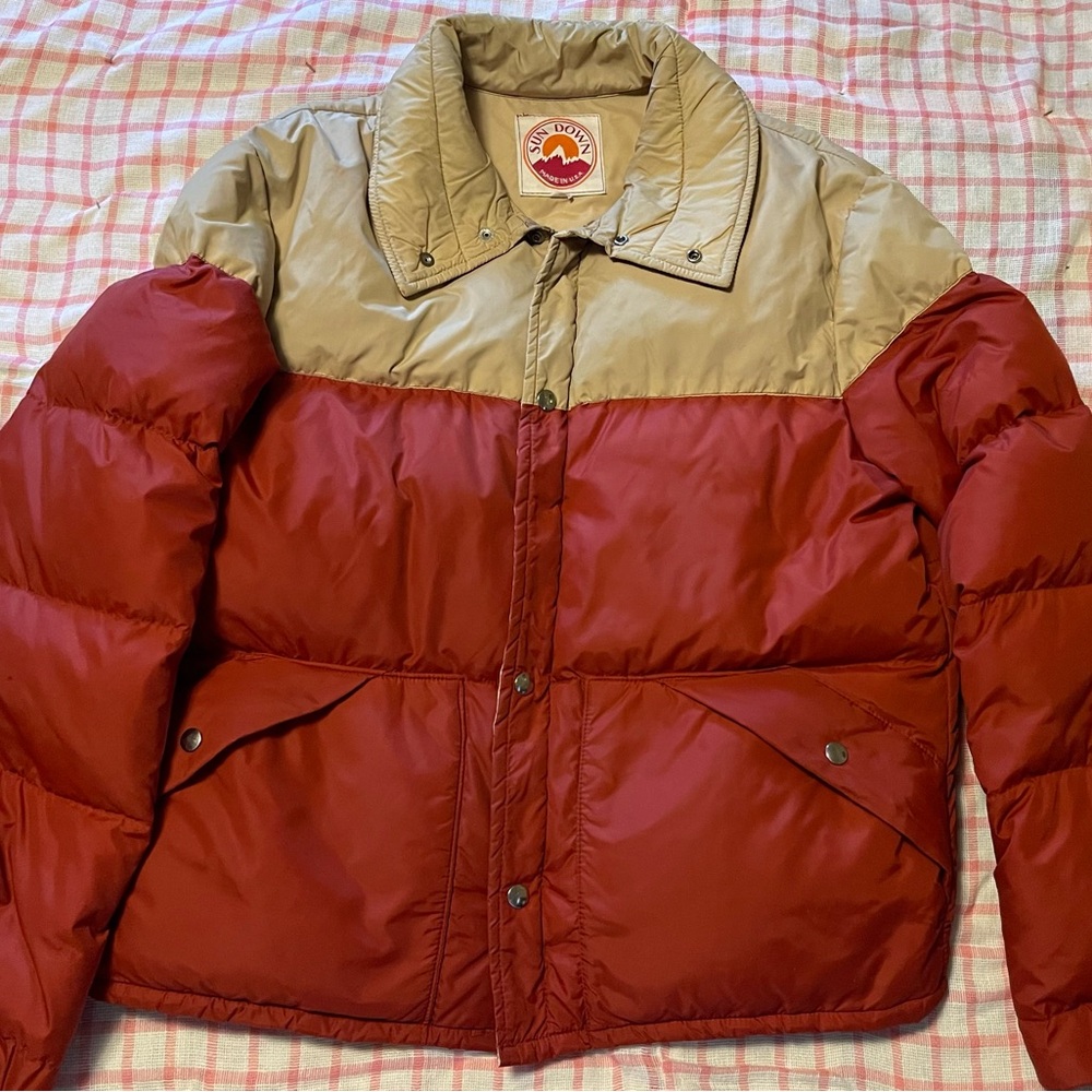 Burnt Orange and Tan Sun Down Jacket Puffy Vintage 70s